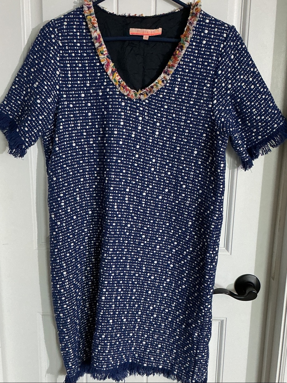 Vilagallo Navy Tweed Dress with Multicolor Fringe Trim